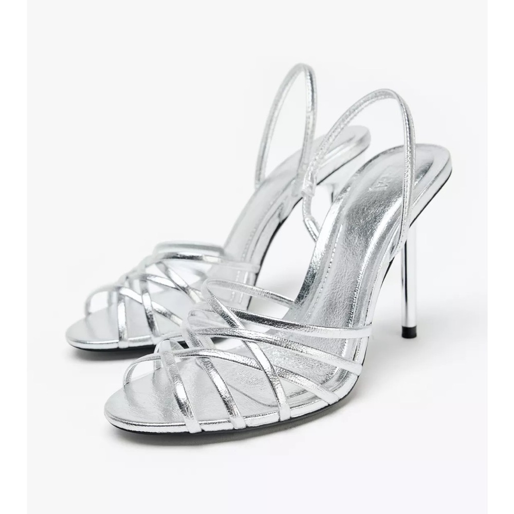 Zara Silver Metallic Strappy High Heels, Size 39 (US 8)